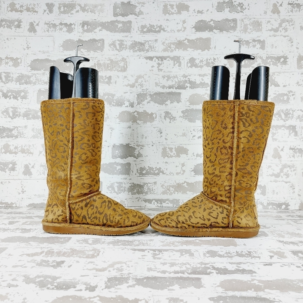 BearPaw Brown Tan Leather Leopard Print Slip On Winter Casual Boots T30 - Picture 6 of 11